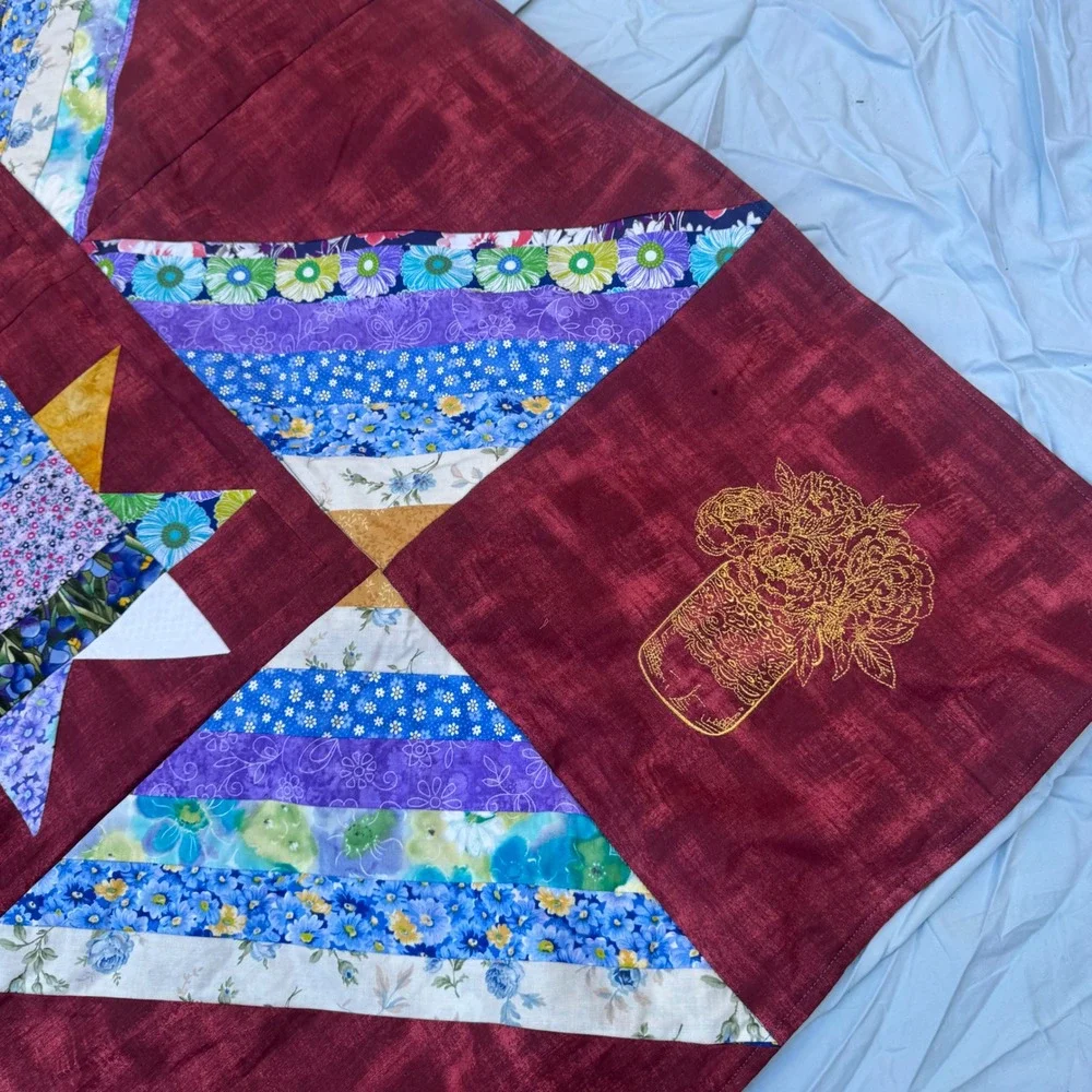 Vintage Handmade Star Patchwork Quilt Burgundy Floral Mason Jar Embroidery 60x60